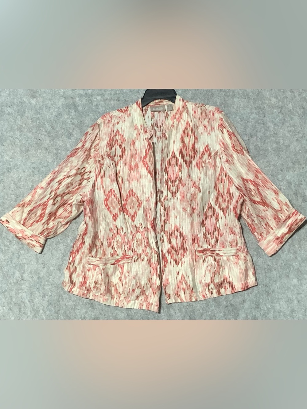 Chico's Cream, Coral and Brown Ikat Cardigan Jacket Chico’s Size 3 =XL